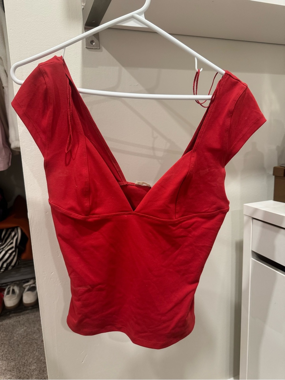 Free People Red Deep V Fitted Cap-Sleeve Top